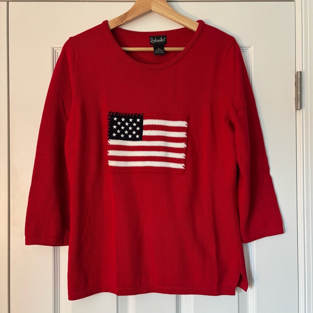 Vintage Rafaella American Flag Sweater 3/4 Sleeve Embroidered Cotton Preppy L